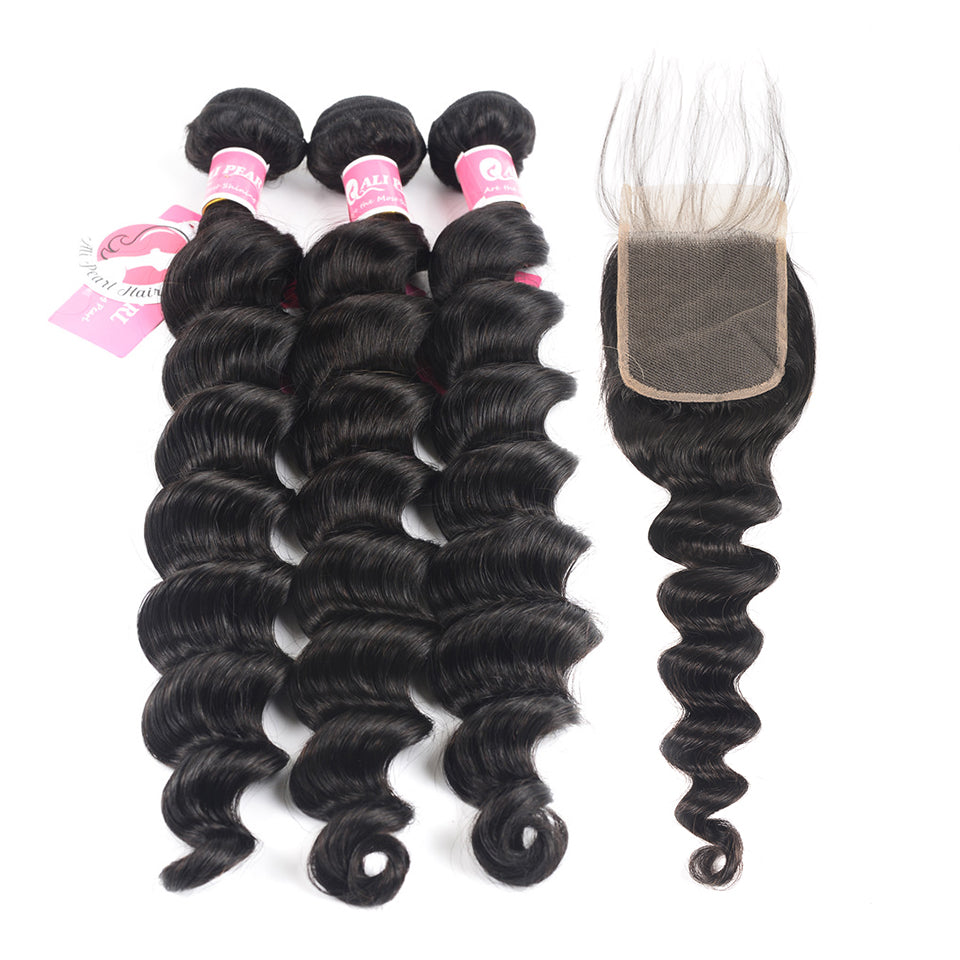 Hair 3 Bundles Brazilian Loose Deep Wave with Lace Closure LY Super Thin Transparent Lace Pre Plucked