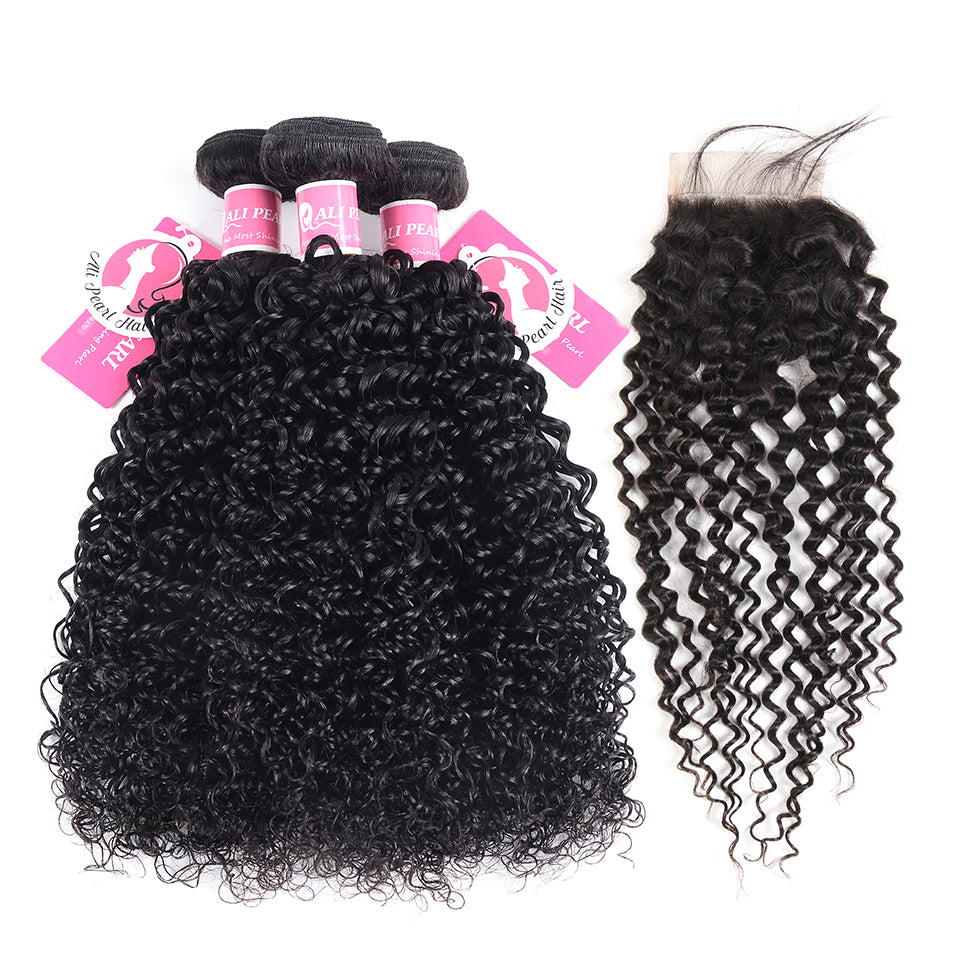 Kinky Curly Hair 3 Bundles With 4*4 Lace Closure Soft Brazilian Hair