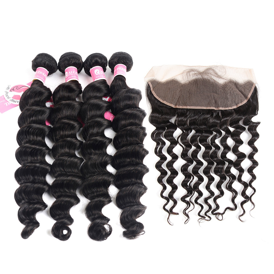 Hair Loose Deep Wave Virgin Hair 4 Bundles with Lace Frontal 13 x 4 Inch