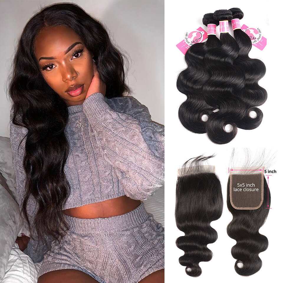 Body Wave HD Lace Closure 5*5 Human Hair 3 Bundles And Lace Closure