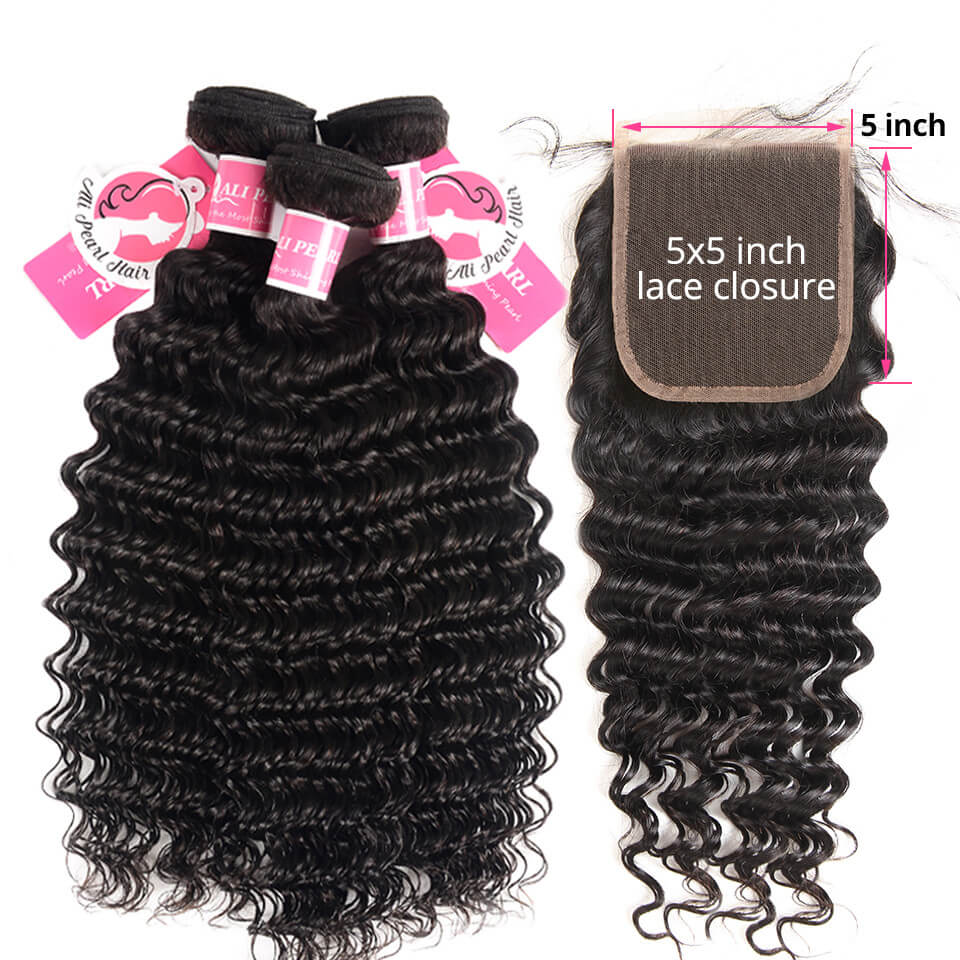 Deep Wave Hair 3 Bundles With 5x5 Lace Closure Deep Wave Closure