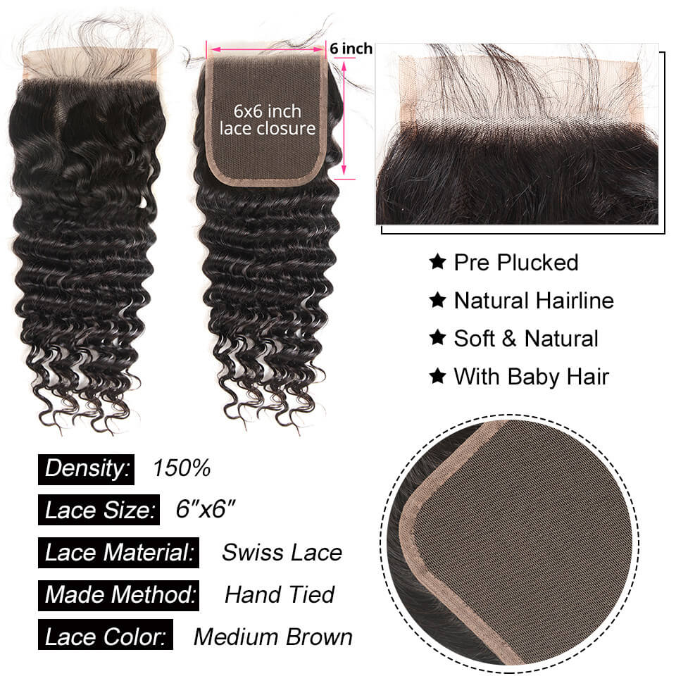 Deep Wave Weave Human Hair 3 Bundles With 6x6 Lace Closure