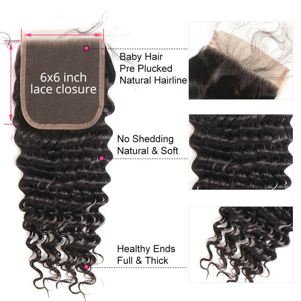 Deep Wave Weave Human Hair 3 Bundles With 6x6 Lace Closure