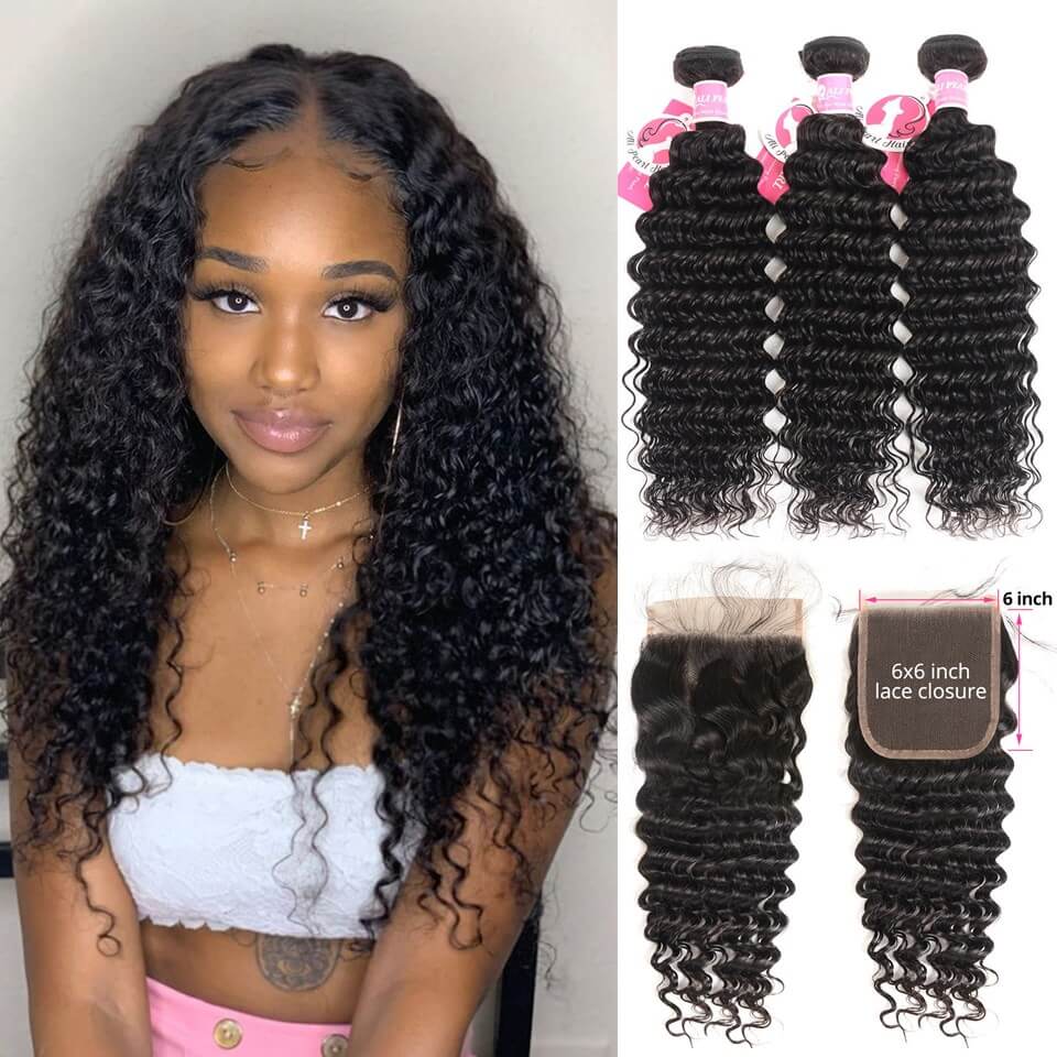 Deep Wave Weave Human Hair 3 Bundles With 6x6 Lace Closure
