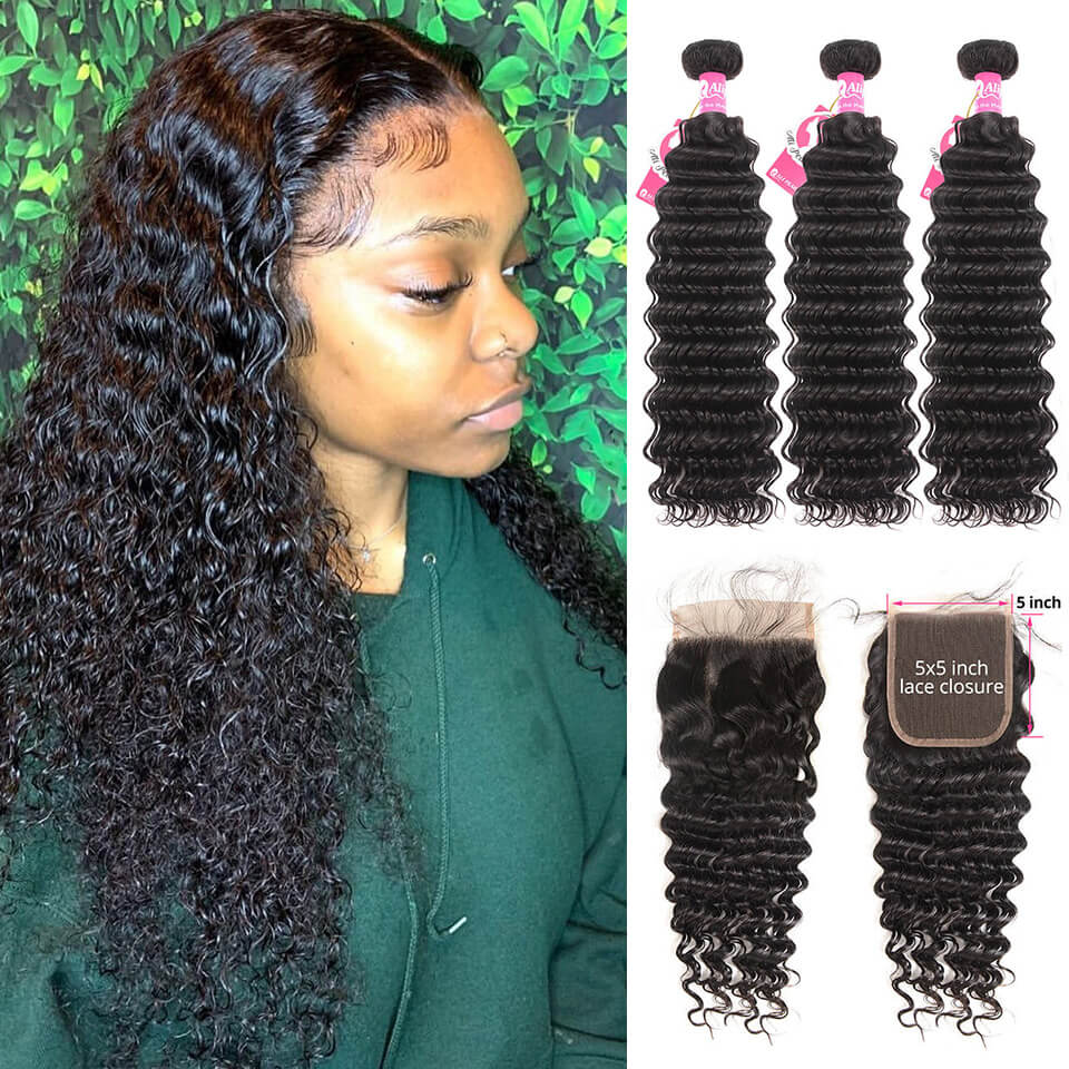 Deep Wave Hair 3 Bundles With 5x5 Lace Closure Deep Wave Closure