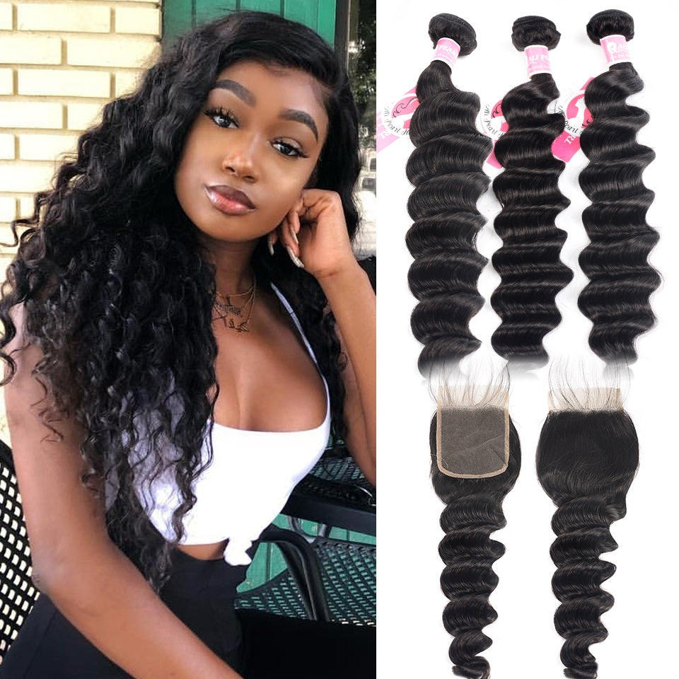 Hair 3 Bundles Brazilian Loose Deep Wave with Lace Closure LY Super Thin Transparent Lace Pre Plucked