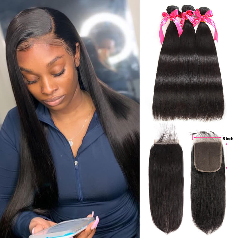 HD Lace Closure 5x5 With Bundles Straight Weave Virgin Human Hair Bundle Deals