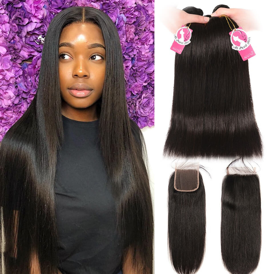 Unprocessed Brazilian Hair 3 pcs Straight With Lace Closure