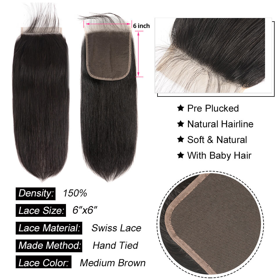 Straight Weave Hair 3 Bundle Deals With 6*6 Lace Closure