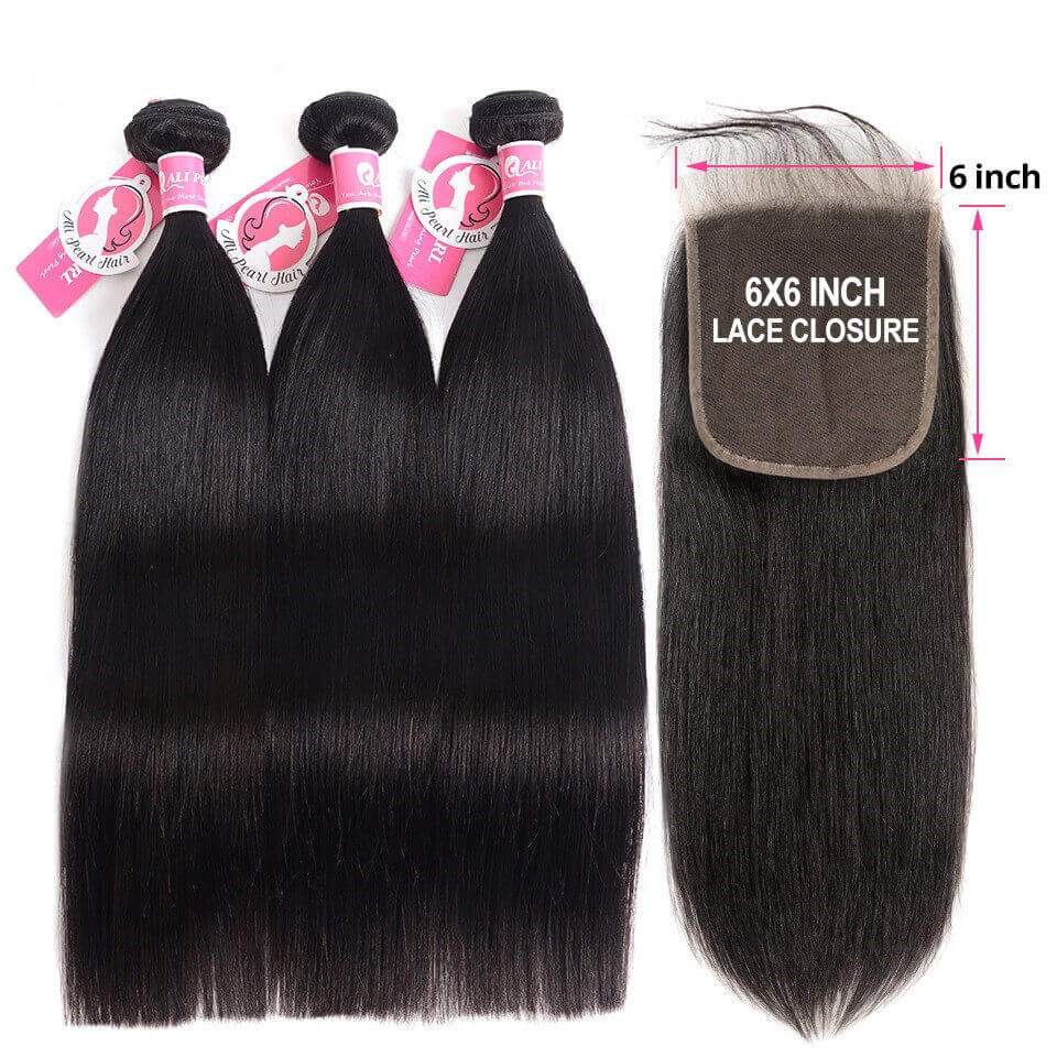 Straight Weave Hair 3 Bundle Deals With 6*6 Lace Closure