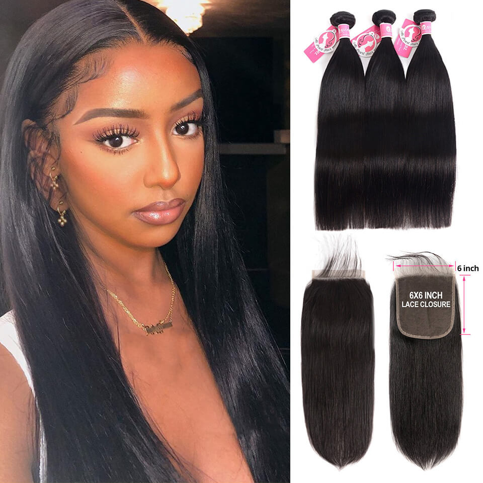 Straight Weave Hair 3 Bundle Deals With 6*6 Lace Closure