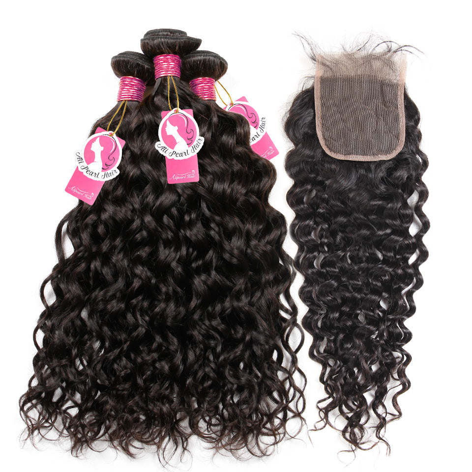 Brazilian Hair 3 Bundles Natural Wave With 4*4 Lace Closure