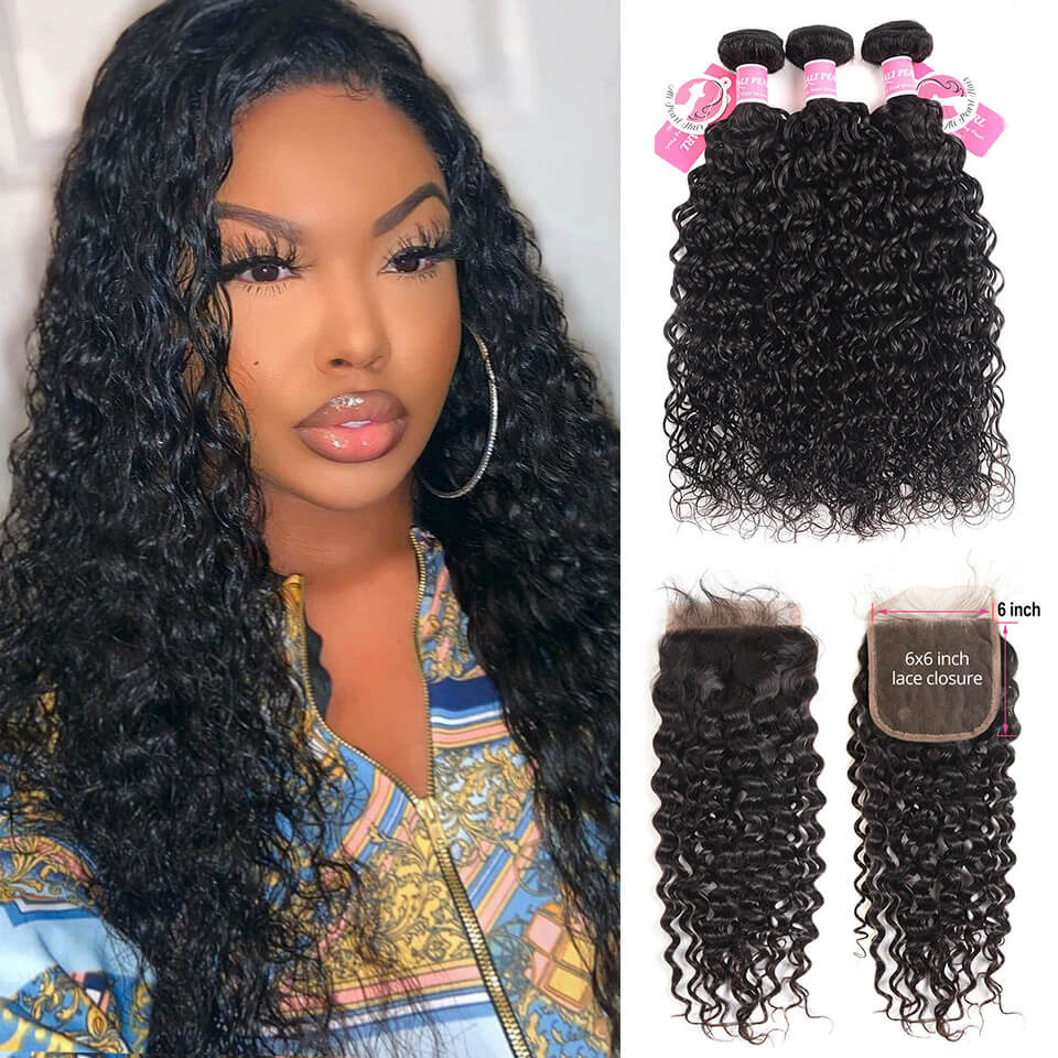 Water Wave Hair 6x6 Closure And 3 Bundles Wavy Hair Weave