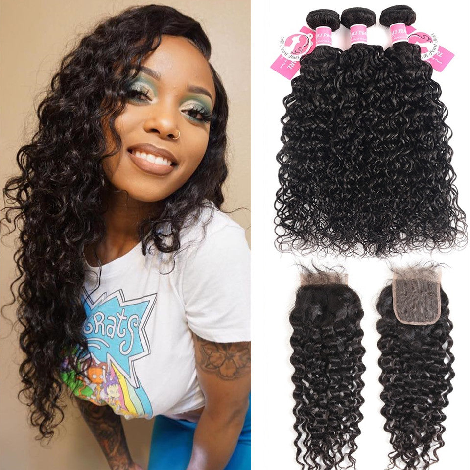 Brazilian Hair 3 Bundles Natural Wave With 4*4 Lace Closure