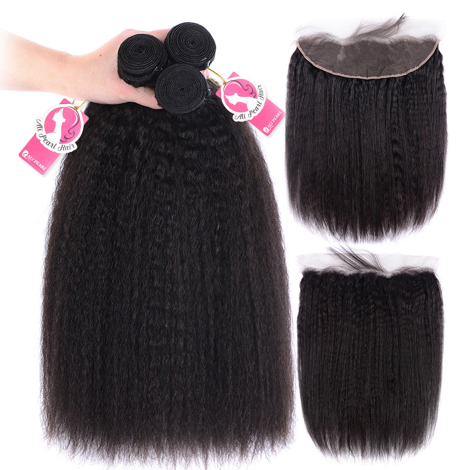 Yaki Straight Human Hair Bundles With Lace Frontal 13x4