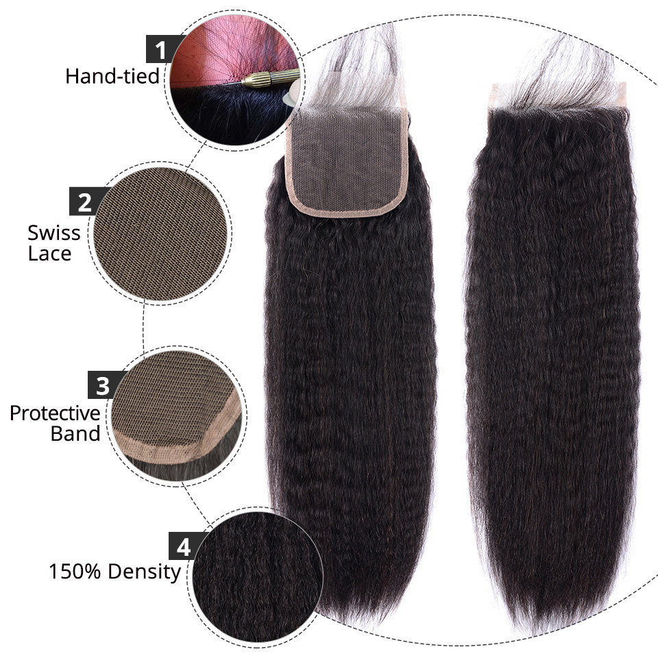 Yaki Hair Human Hair Bundles With 4x4 5x5 6x6 Lace Closure