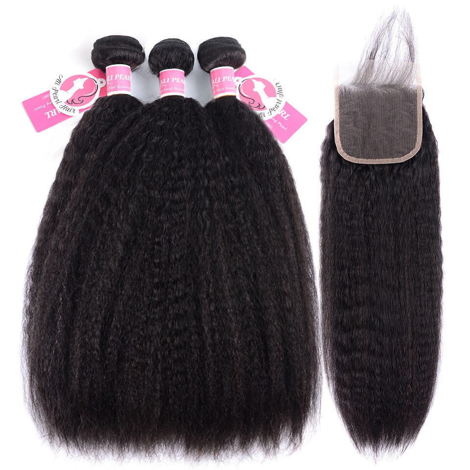 Yaki Hair Human Hair Bundles With 4x4 5x5 6x6 Lace Closure